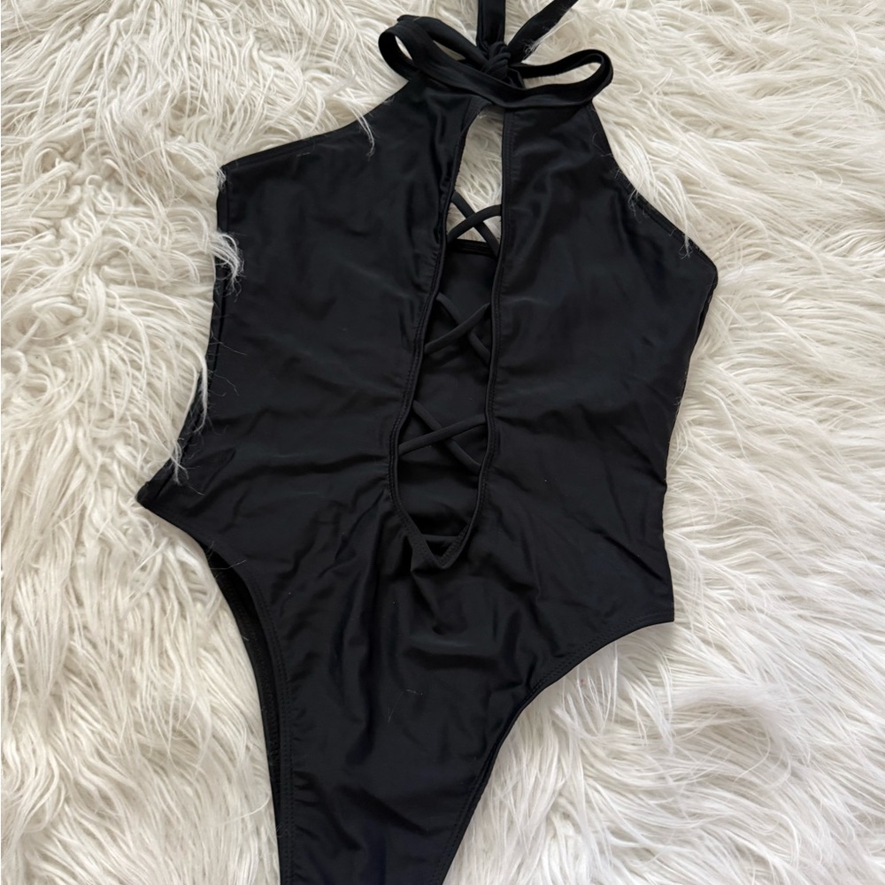 Black Halter One-Piece Swimsuit with Lace-Up Front